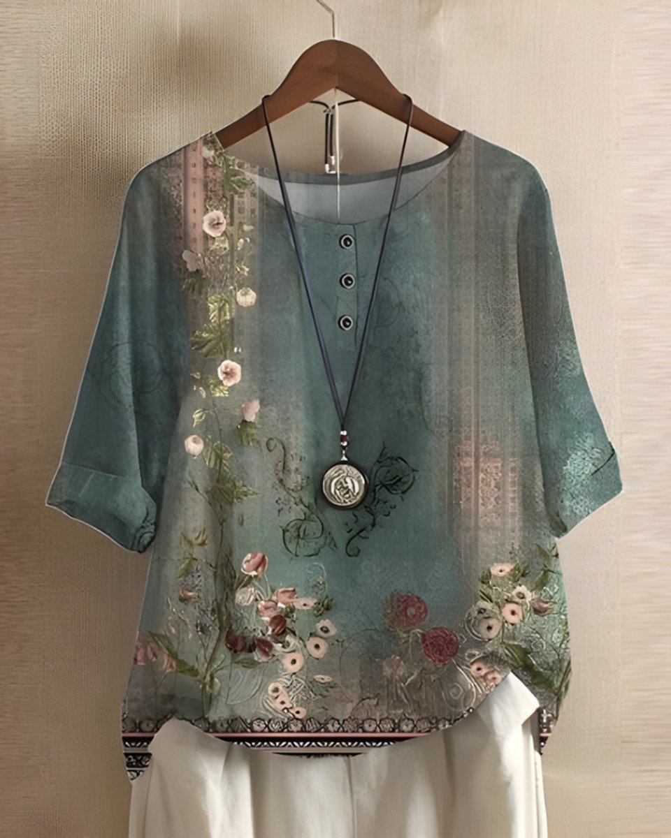 Damen Boho Kurzarm-Oberteil mit Buntem Ethno-Print - Grün