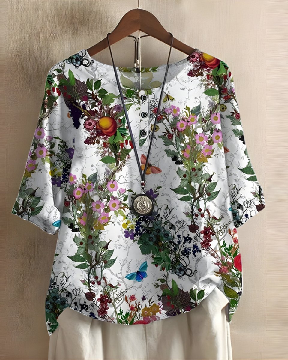 Damen Boho Kurzarm-Oberteil mit Buntem Ethno-Print - Weiße Blumen