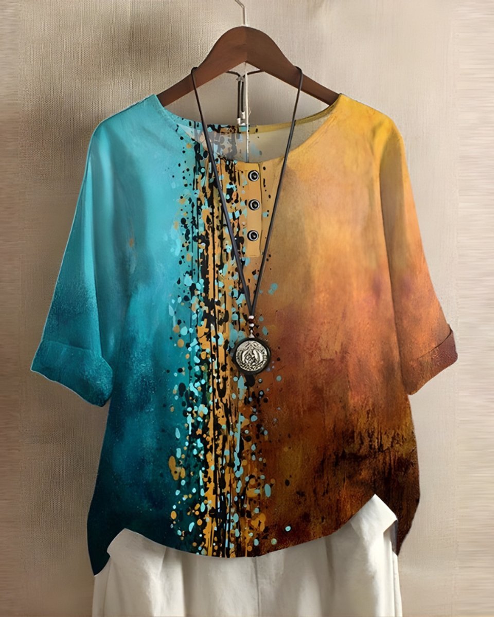 Damen Boho Kurzarm-Oberteil mit Buntem Ethno-Print - Blau/Orange
