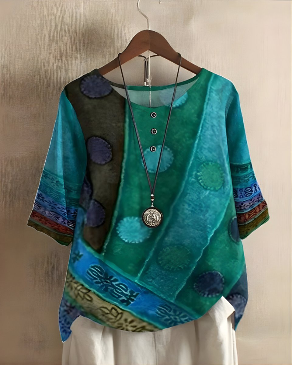 Damen Boho Kurzarm-Oberteil mit Buntem Ethno-Print - Blau/Grün