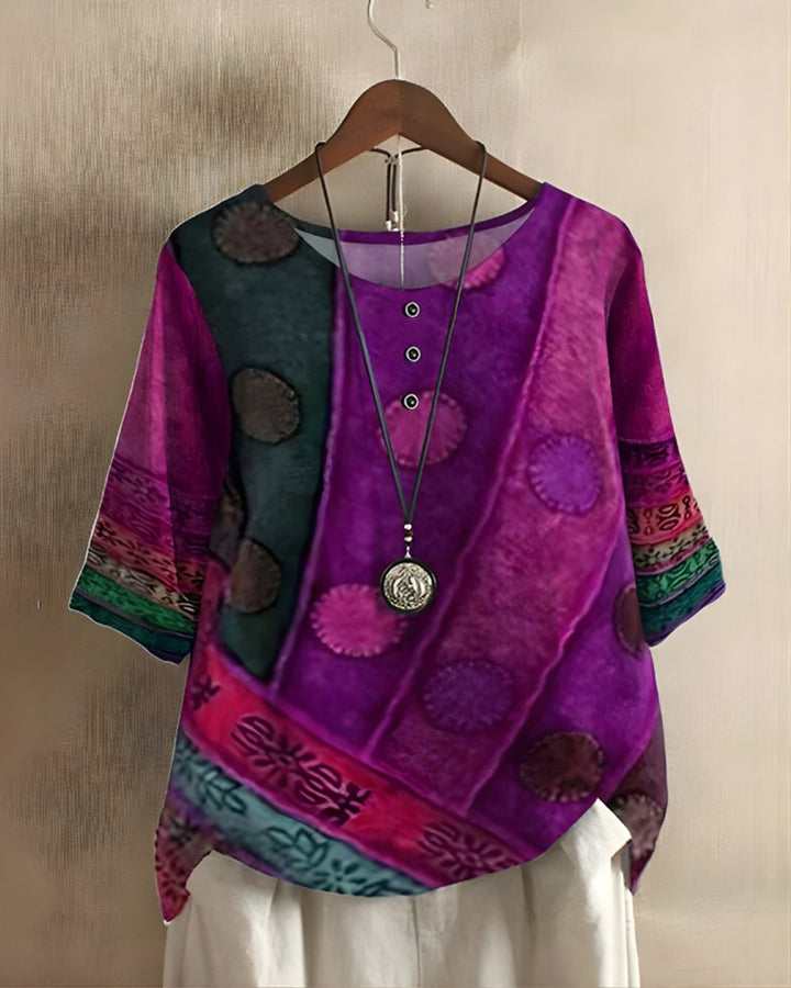 Damen Boho Kurzarm-Oberteil mit Buntem Ethno-Print - Lila