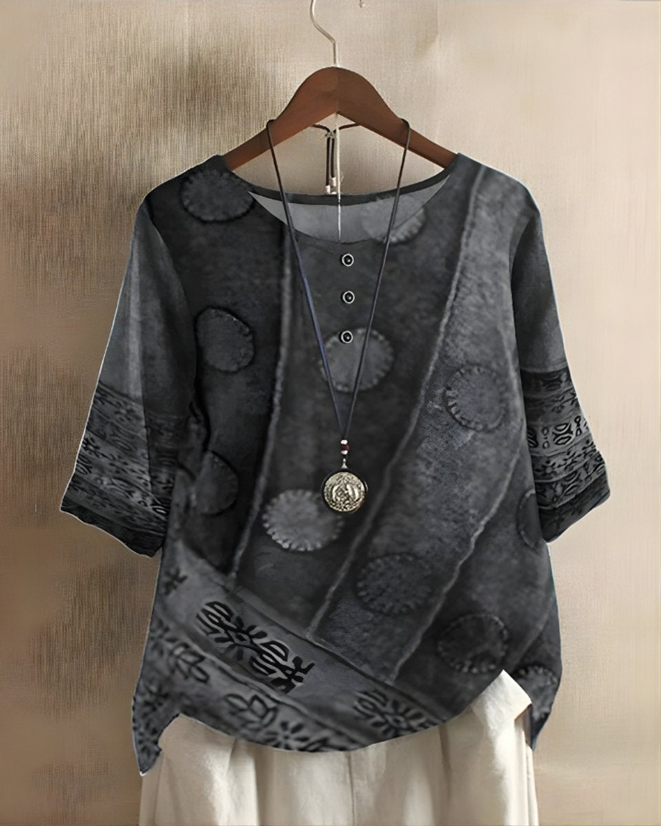 Damen Boho Kurzarm-Oberteil mit Buntem Ethno-Print - Grau