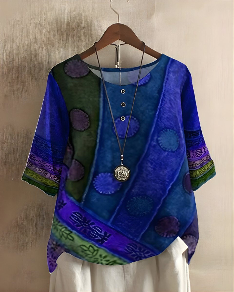 Damen Boho Kurzarm-Oberteil mit Buntem Ethno-Print - Blau/Violett