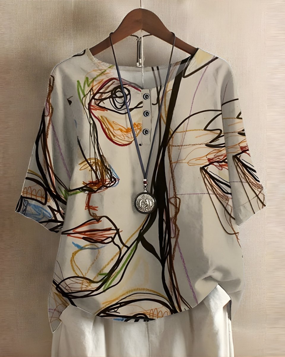 Damen Boho Kurzarm-Oberteil mit Buntem Ethno-Print - Beige