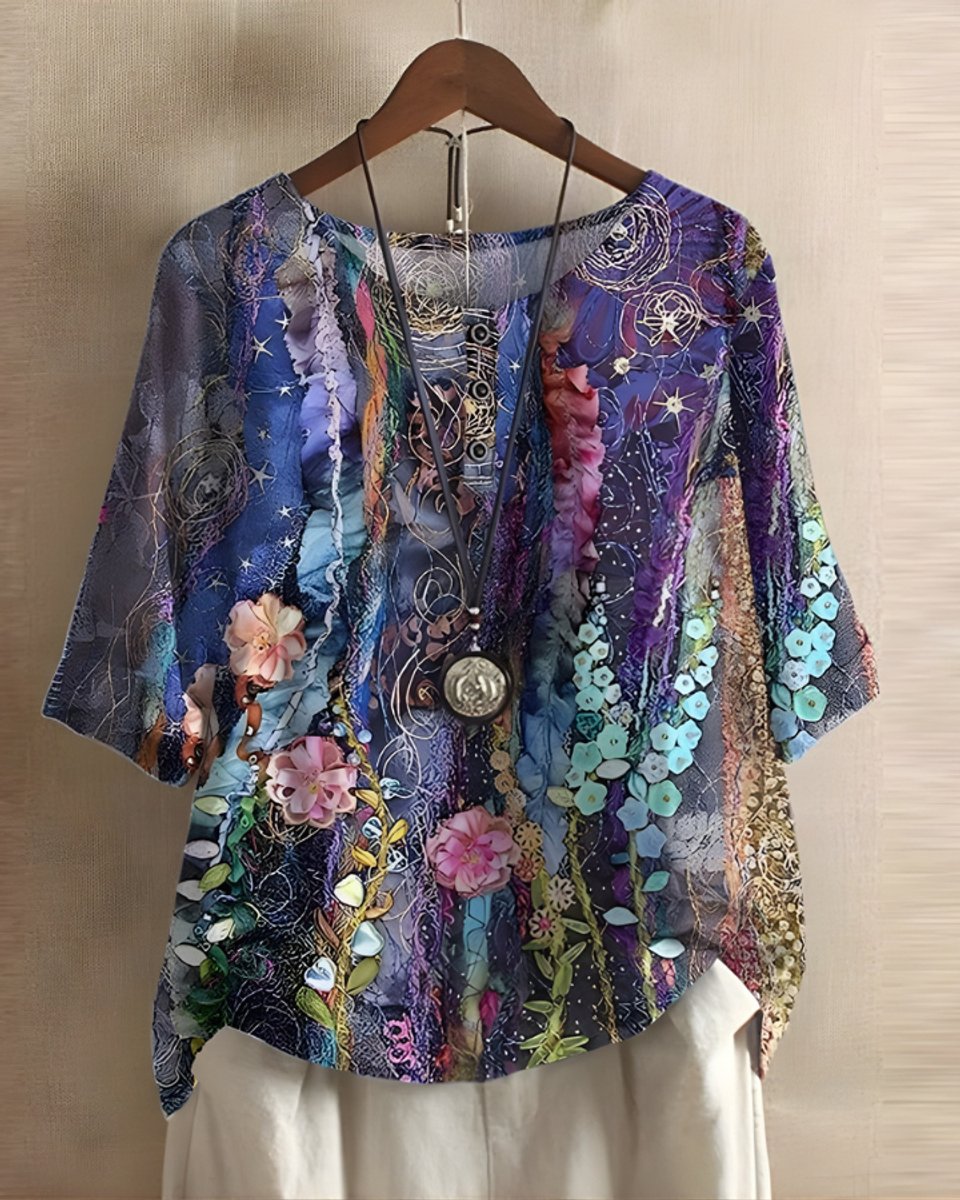 Damen Boho Kurzarm-Oberteil mit Buntem Ethno-Print - Violett