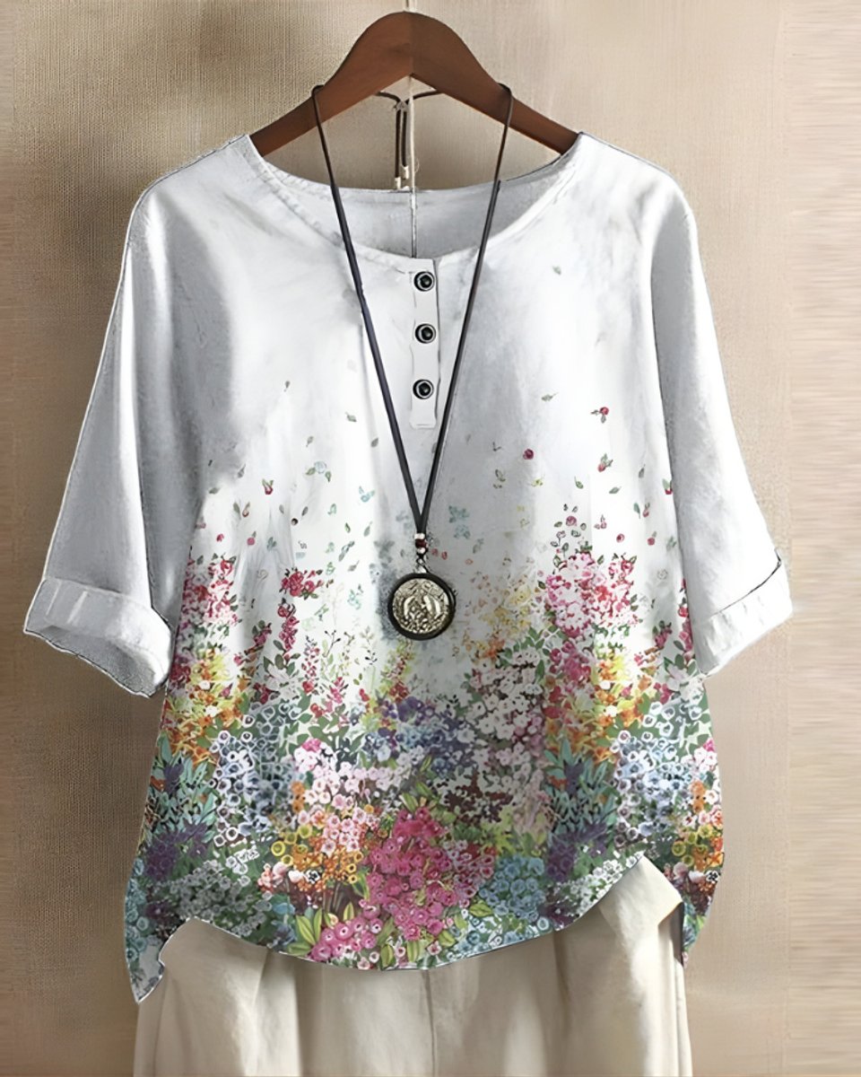 Damen Boho Kurzarm-Oberteil mit Buntem Ethno-Print - Weiß