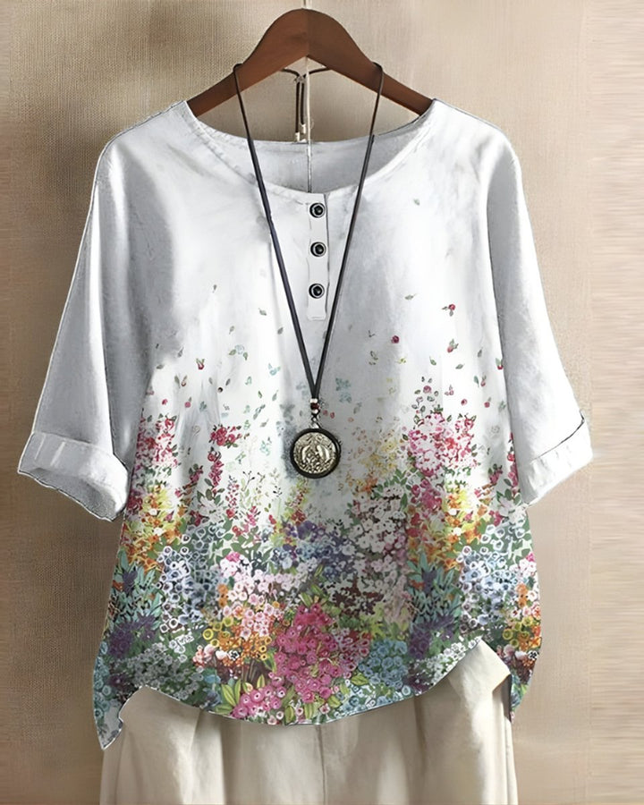 Damen Boho Kurzarm-Oberteil mit Buntem Ethno-Print - Weiß