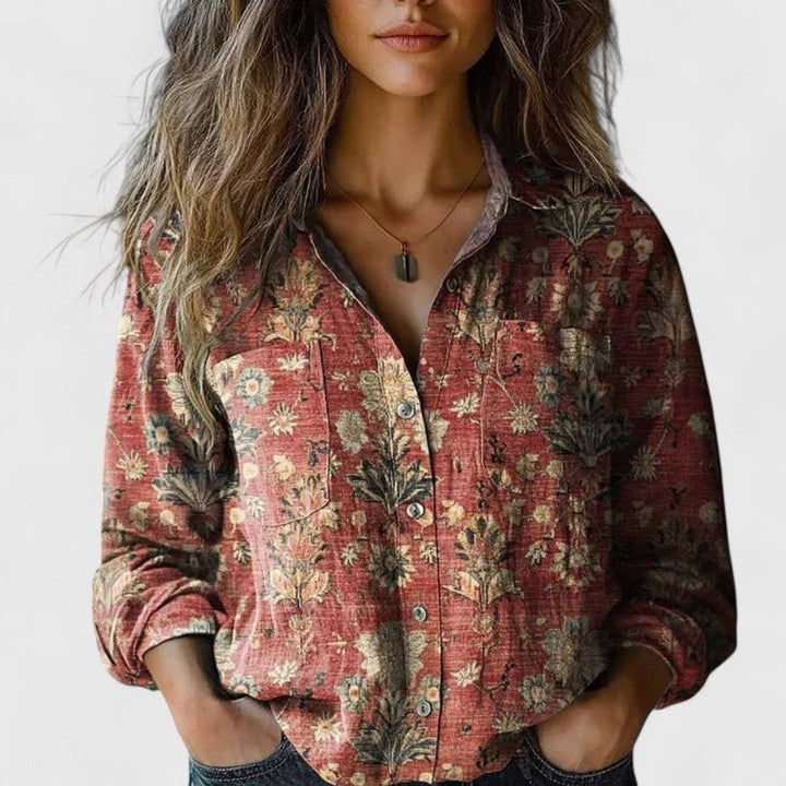Damen Boho Langarm Bluse geknöpft florales Muster - Red