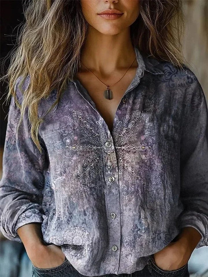 Damen Boho Langarm Bluse geknöpft florales Muster - Purple
