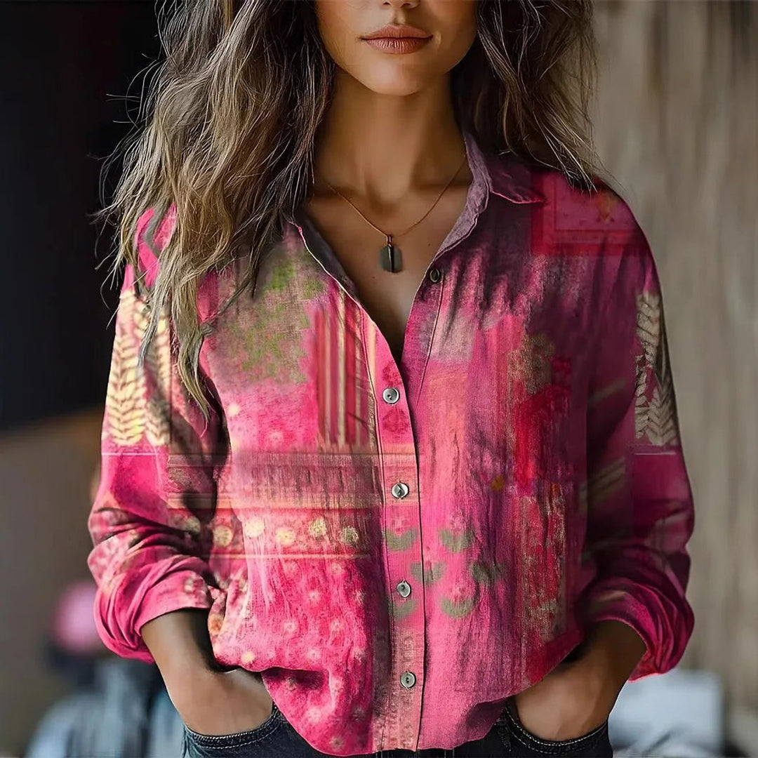 Damen Boho Langarm Bluse geknöpft florales Muster - Pink