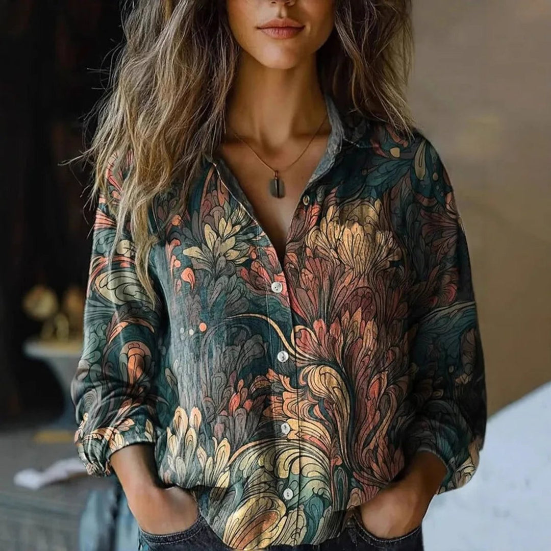 Damen Boho Langarm Bluse geknöpft florales Muster - Dark Green