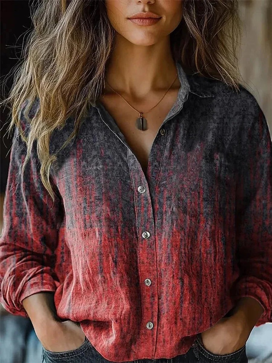 Damen Boho Langarm Bluse geknöpft florales Muster - Red-Dark Grey
