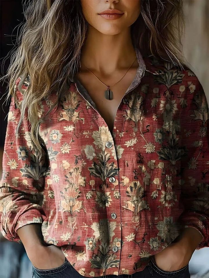 Damen Boho Langarm Bluse geknöpft florales Muster
