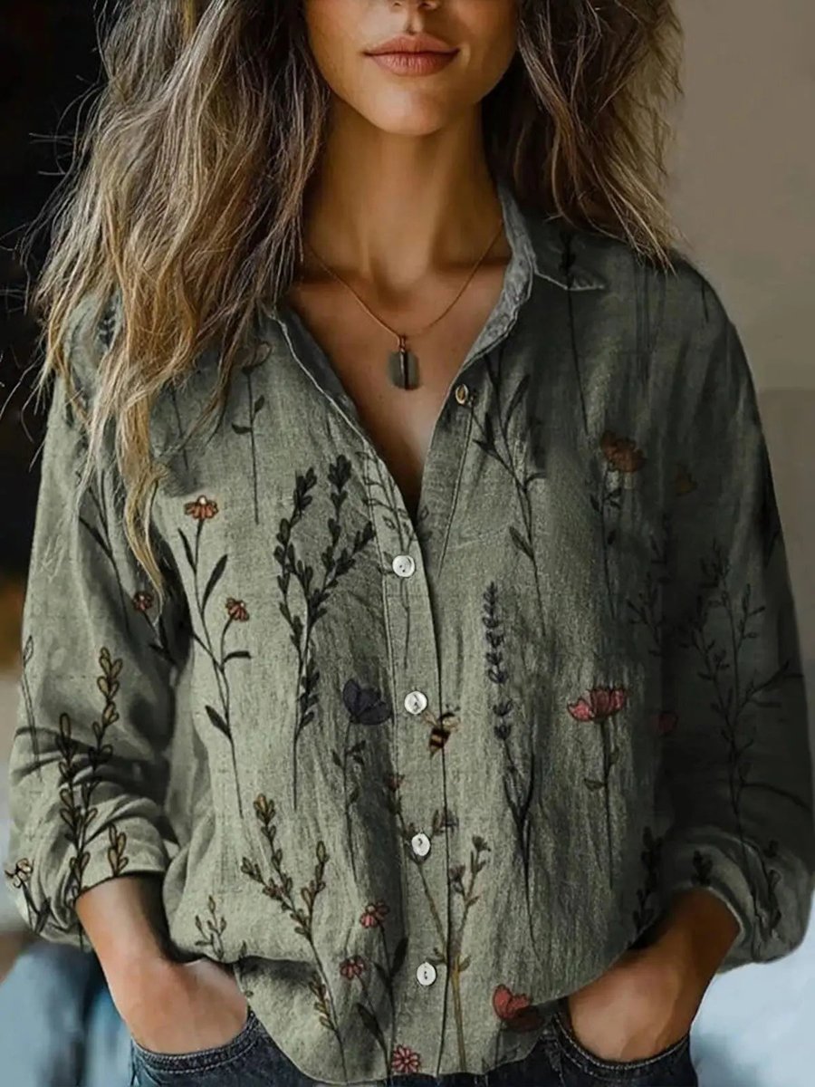 Damen Boho Langarm Bluse geknöpft florales Muster - Olive Green
