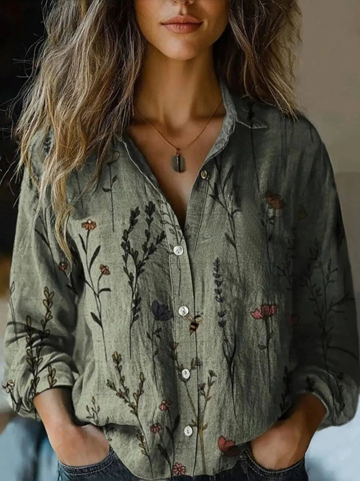 Damen Boho Langarm Bluse geknöpft florales Muster - Olive Green