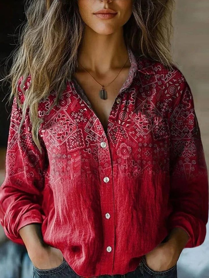 Damen Boho Langarm Bluse geknöpft florales Muster - Deep Red