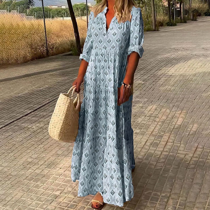 Damen Boho Maxi Cocktailkleid V-Ausschnitt Florales Sommerkleid - Blau