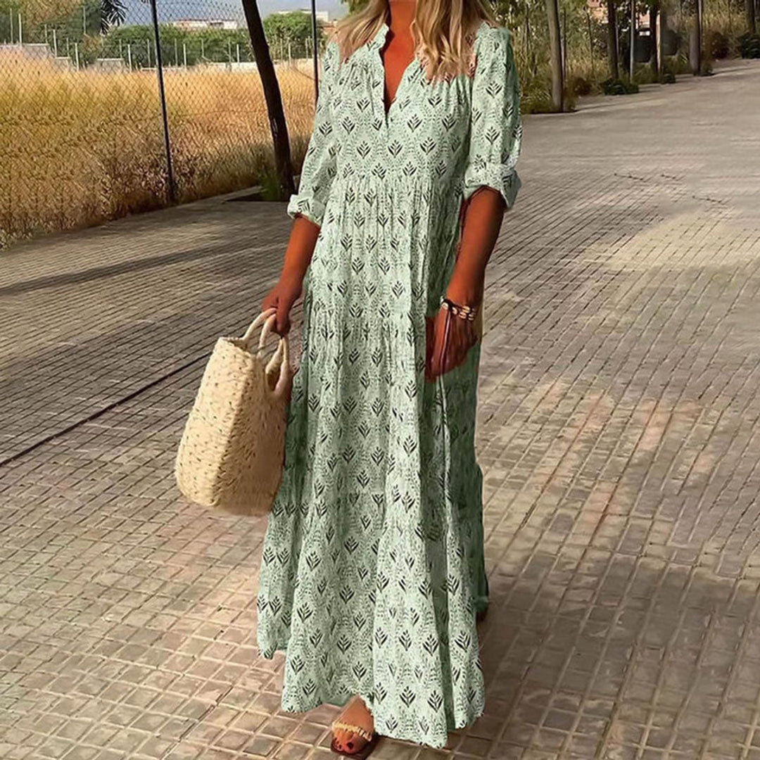 Damen Boho Maxi Cocktailkleid V-Ausschnitt Florales Sommerkleid - Grün