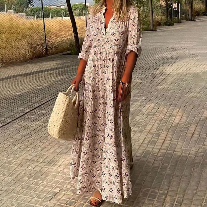 Damen Boho Maxi Cocktailkleid V-Ausschnitt Florales Sommerkleid - Pink