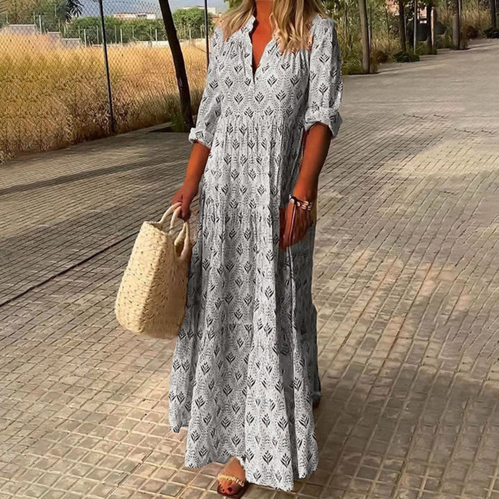 Damen Boho Maxi Cocktailkleid V-Ausschnitt Florales Sommerkleid - Grau
