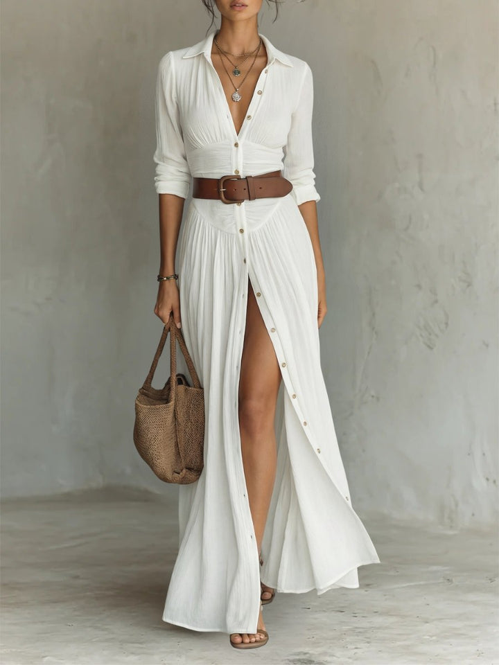 Damen Boho Maxi-Hemdblusenkleid mit Knopfleiste Gürtel - White
