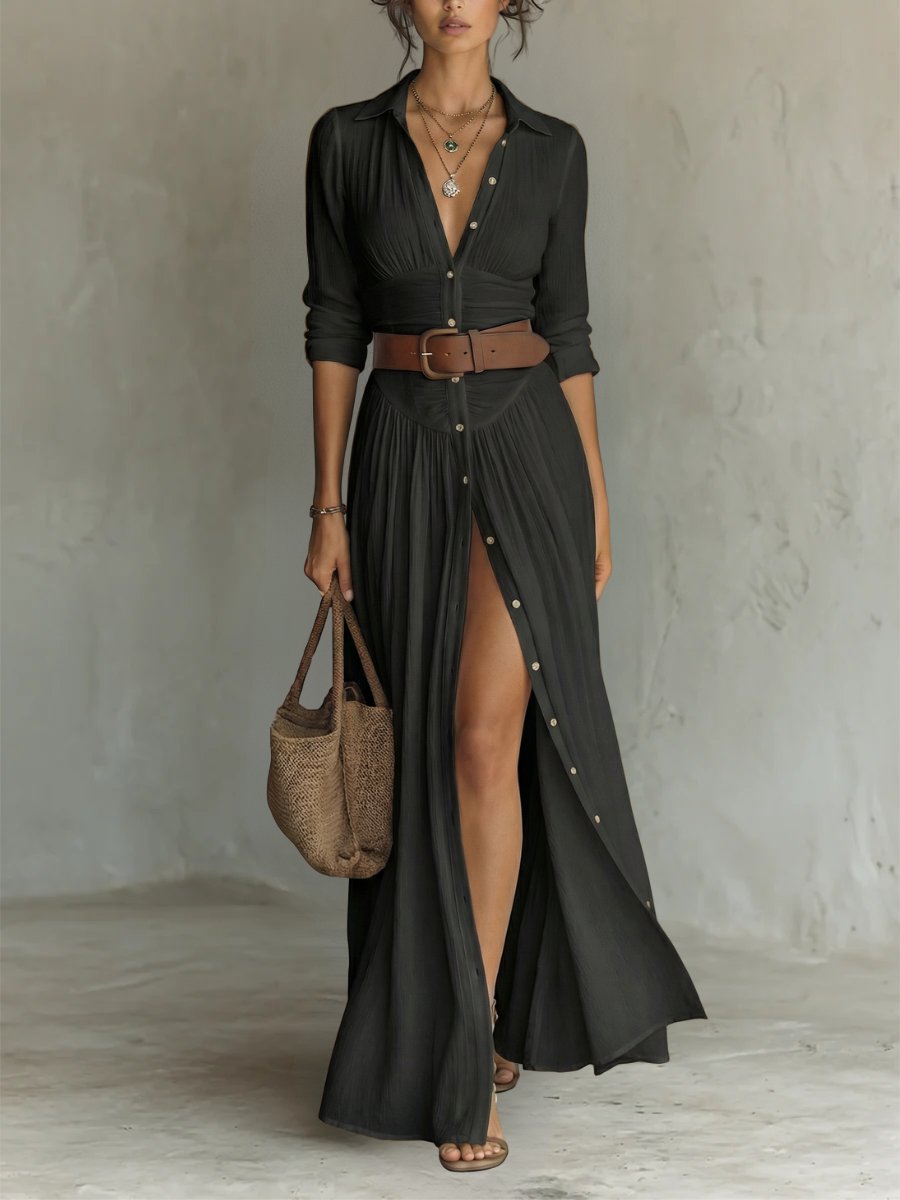 Damen Boho Maxi-Hemdblusenkleid mit Knopfleiste Gürtel - Black