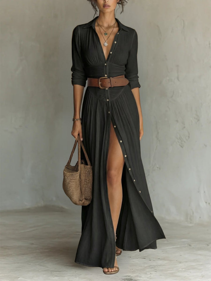 Damen Boho Maxi-Hemdblusenkleid mit Knopfleiste Gürtel - Black
