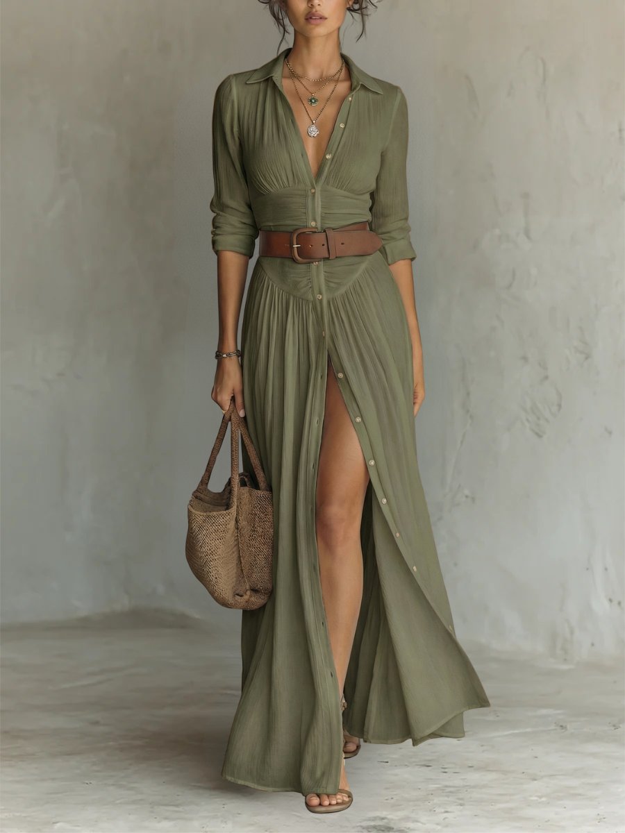 Damen Boho Maxi-Hemdblusenkleid mit Knopfleiste Gürtel - Green