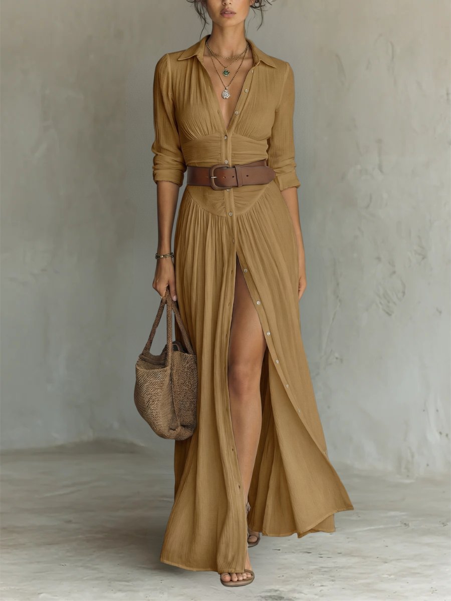 Damen Boho Maxi-Hemdblusenkleid mit Knopfleiste Gürtel - Brown
