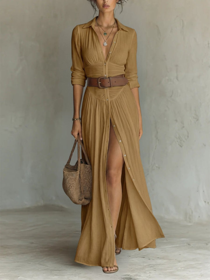 Damen Boho Maxi-Hemdblusenkleid mit Knopfleiste Gürtel - Brown