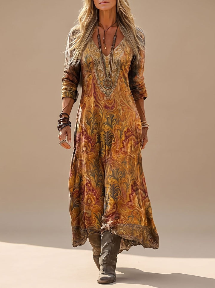 Damen Boho Maxi-Kleid Langarm V-Ausschnitt Vintage Paisley - Mehrfarbig