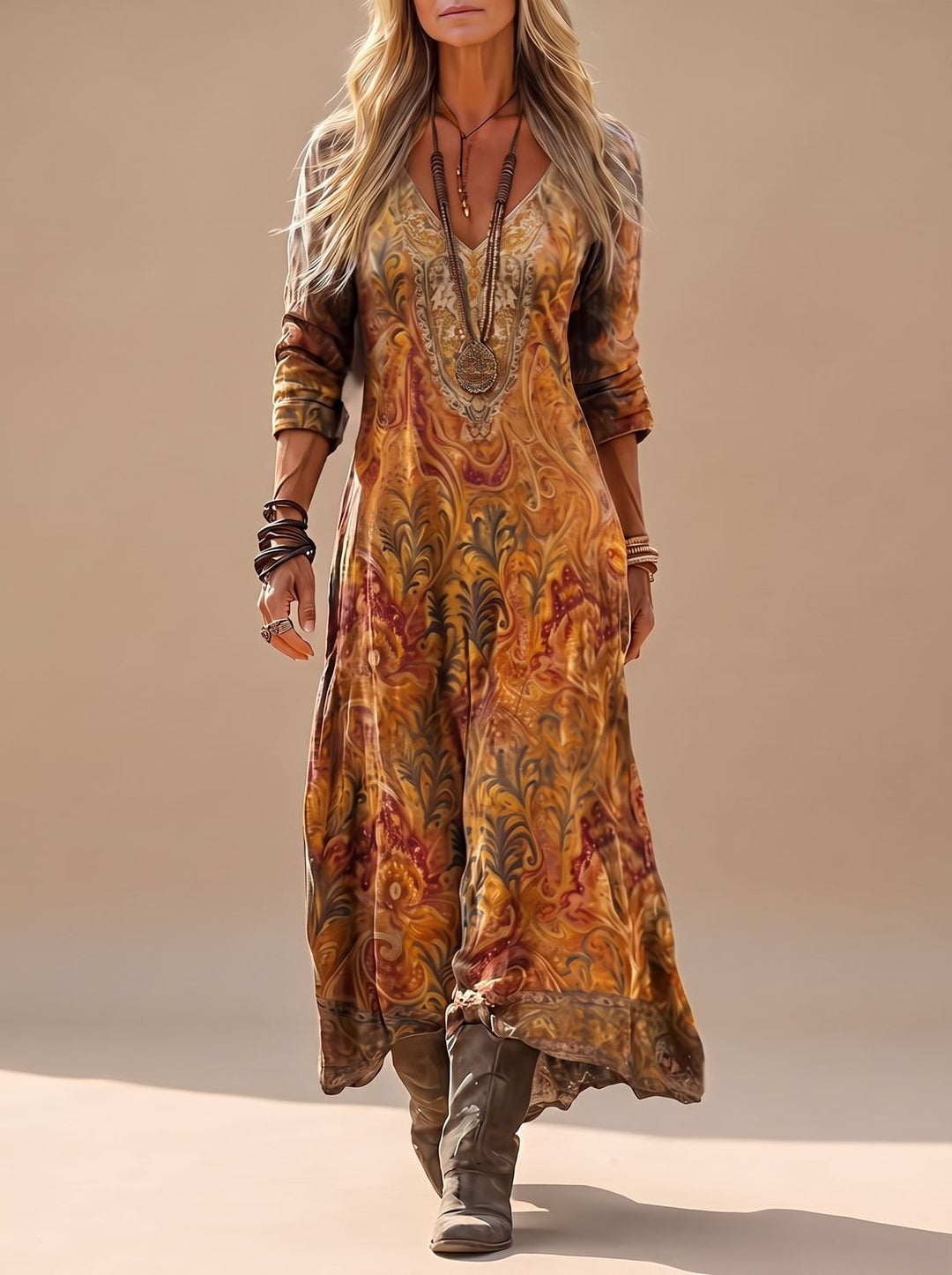 Damen Boho Maxi-Kleid Langarm V-Ausschnitt Vintage Paisley