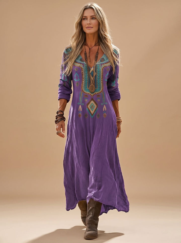 Damen Boho Maxi-Kleid Langarm V-Ausschnitt Vintage-Print - Lila