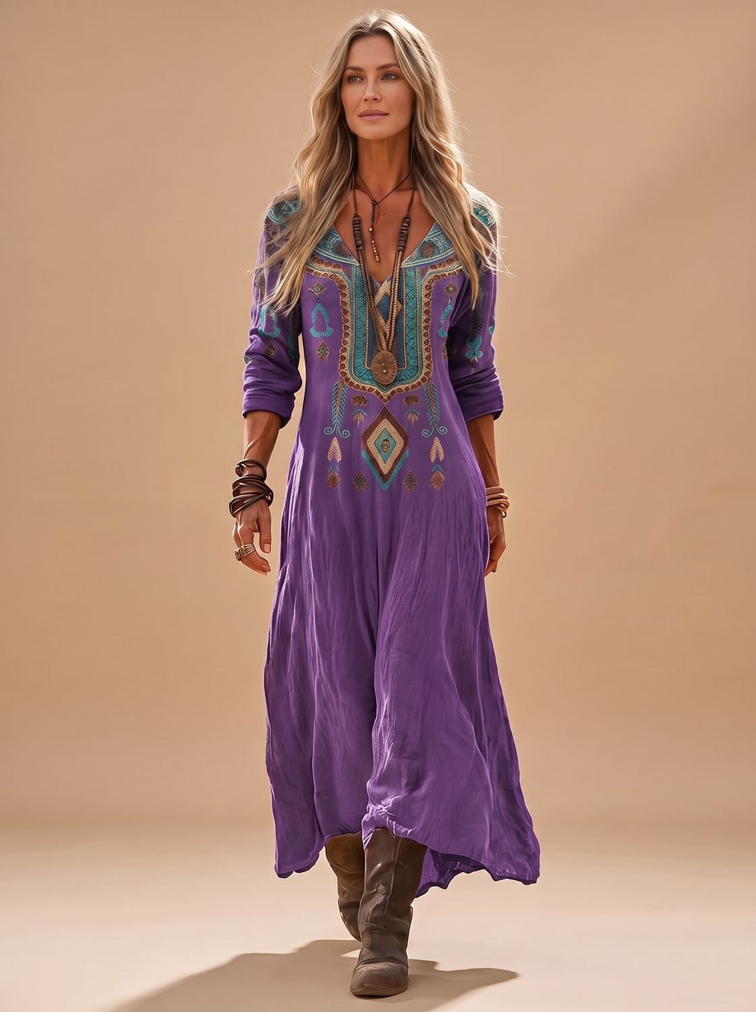 Damen Boho Maxi-Kleid Langarm V-Ausschnitt Vintage-Print