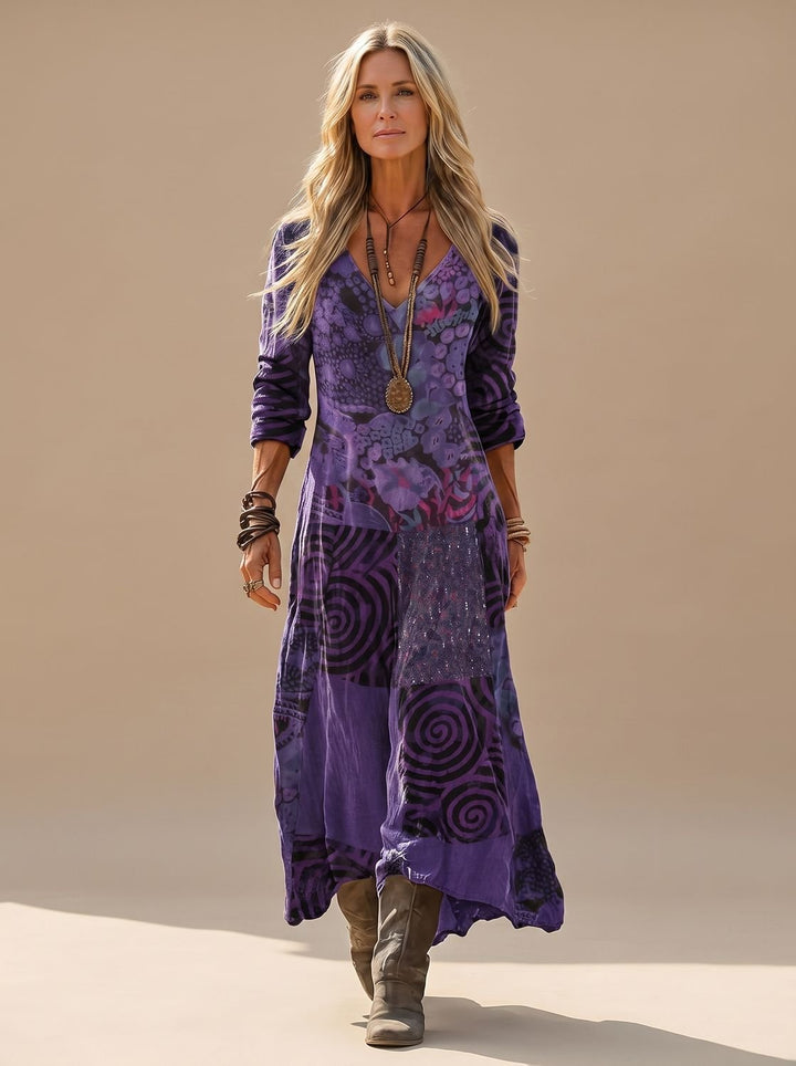 Damen Boho Maxi-Kleid Langarm Vintage-Patchwork V-Ausschnitt - Lila