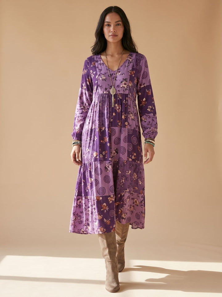 Damen Boho Maxi-Kleid Langarm Vintage-Patchwork V-Ausschnitt
