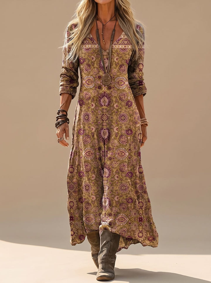 Damen Boho Maxi Kleid Langarm Vintage V-Ausschnitt Casual Dress - Mehrfarbig