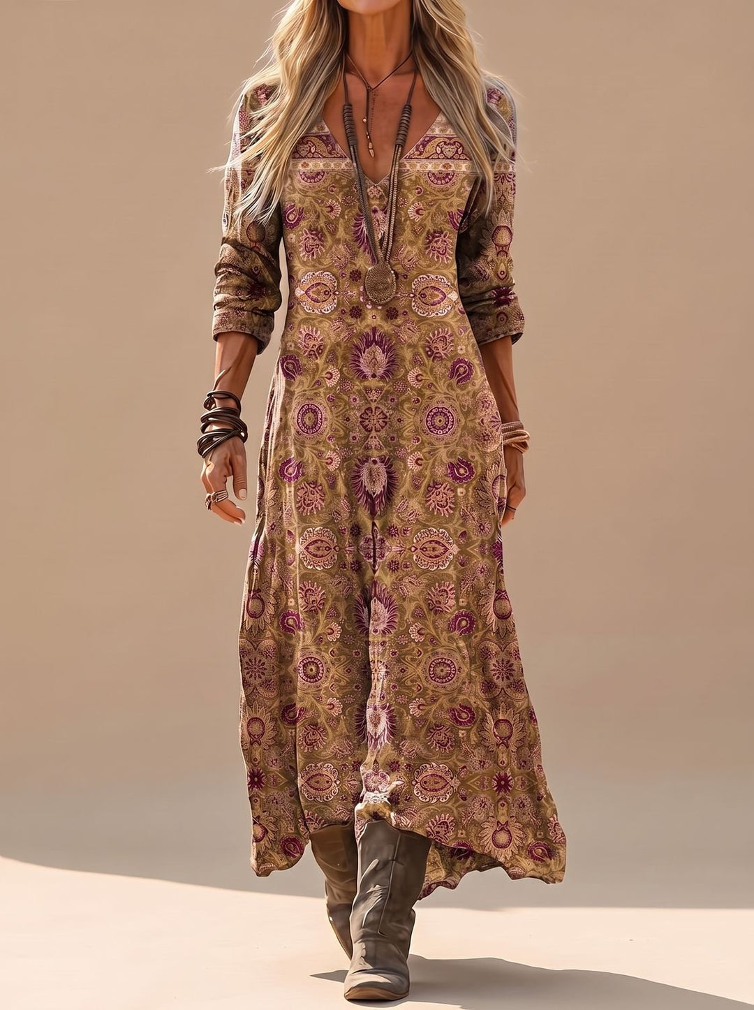 Damen Boho Maxi Kleid Langarm Vintage V-Ausschnitt Casual Dress