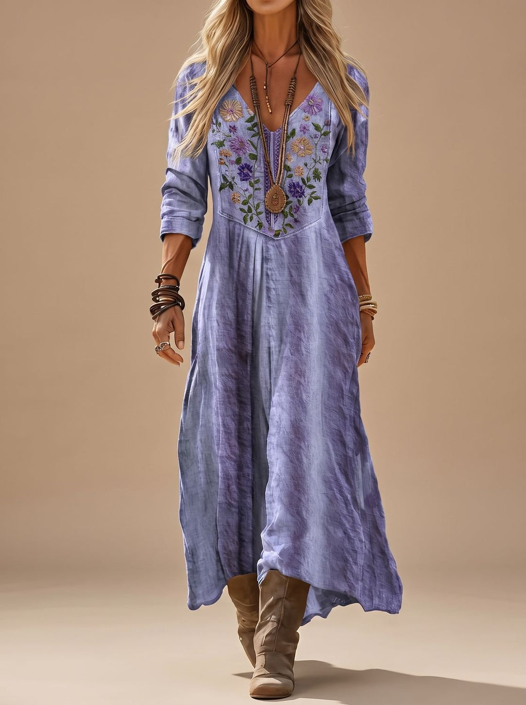 Damen Boho Maxi-Kleid mit Stickerei V-Ausschnitt Langarm Vintage - Lila