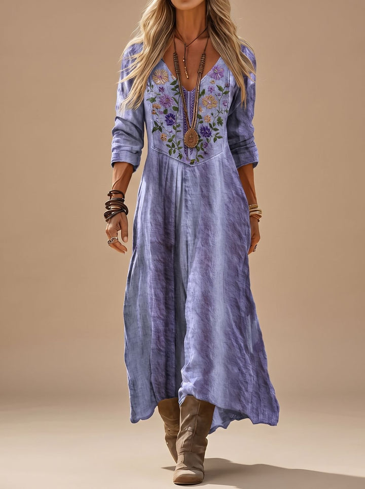 Damen Boho Maxi-Kleid mit Stickerei V-Ausschnitt Langarm Vintage - Lila