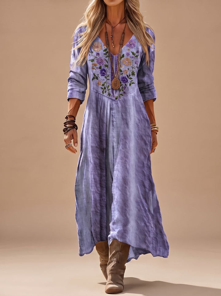 Damen Boho Maxi-Kleid mit Stickerei V-Ausschnitt Langarm Vintage