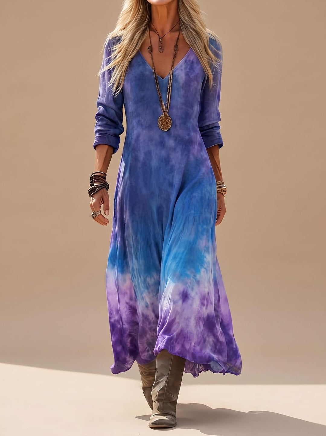 Damen Boho Maxi-Kleid mit V-Ausschnitt Langarm Tie-Dye Fließend - Mehrfarbig