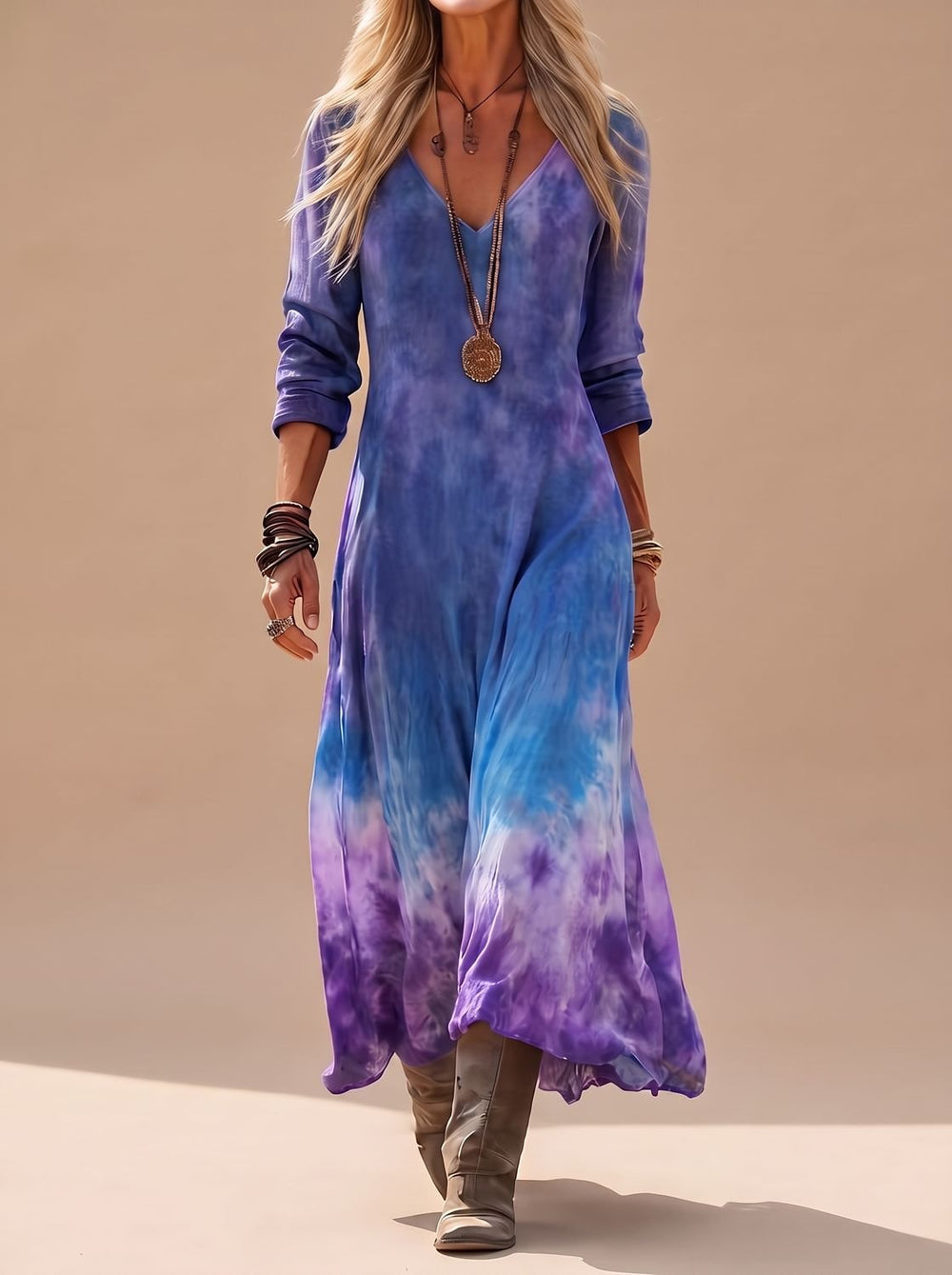 Damen Boho Maxi-Kleid mit V-Ausschnitt Langarm Tie-Dye Fließend