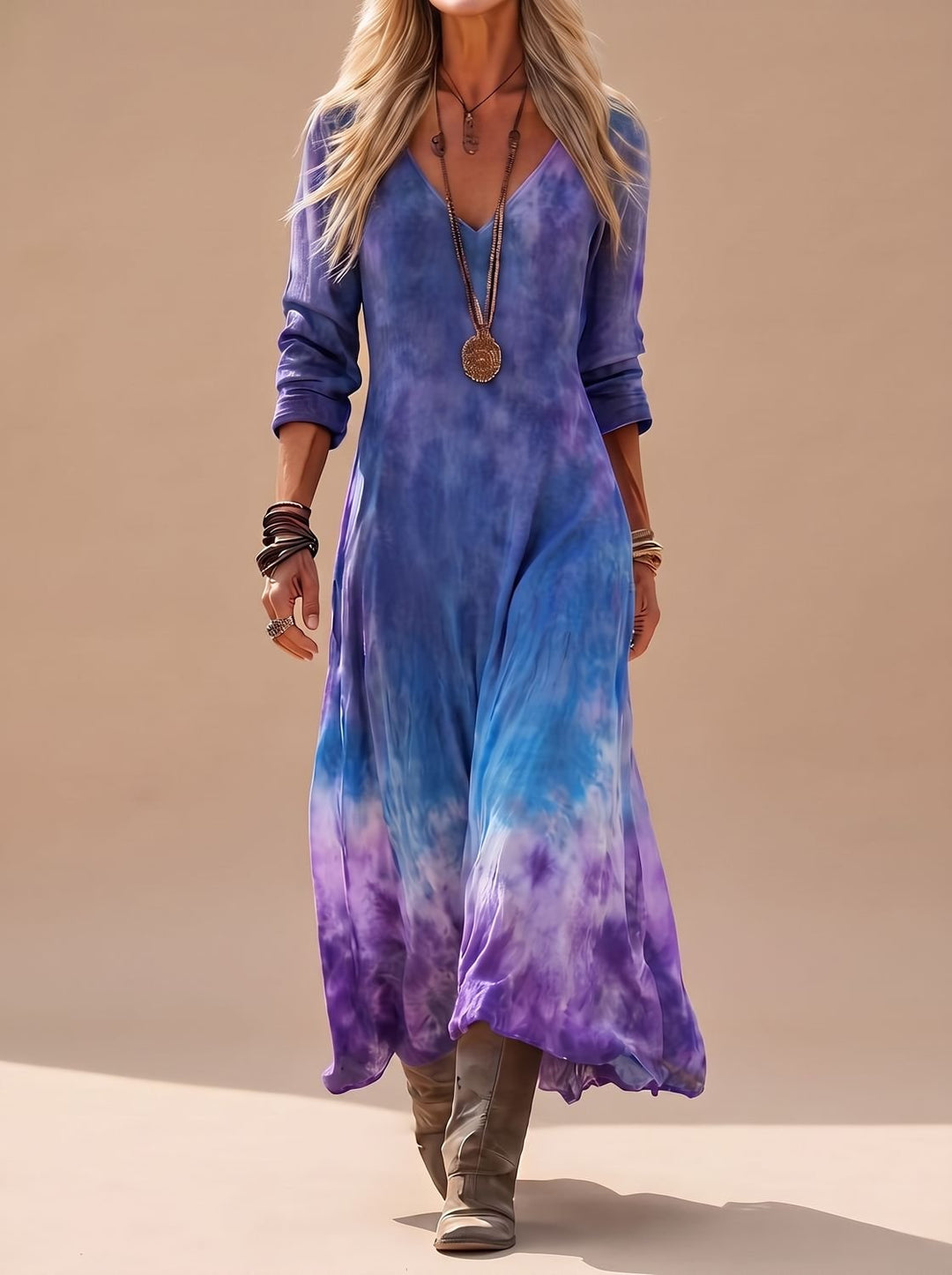 Damen Boho Maxi-Kleid mit V-Ausschnitt Langarm Tie-Dye Fließend