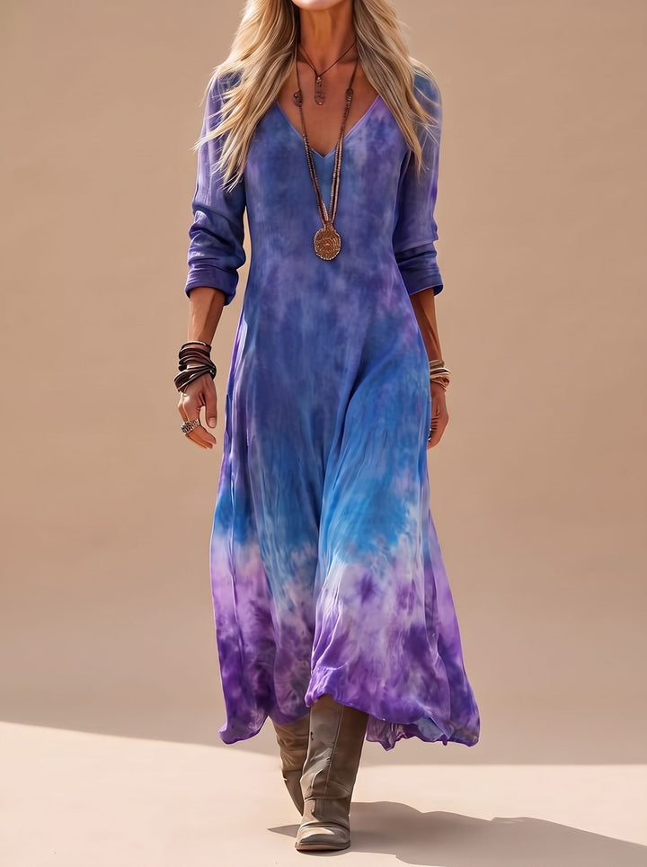 Damen Boho Maxi-Kleid mit V-Ausschnitt Langarm Tie-Dye Fließend
