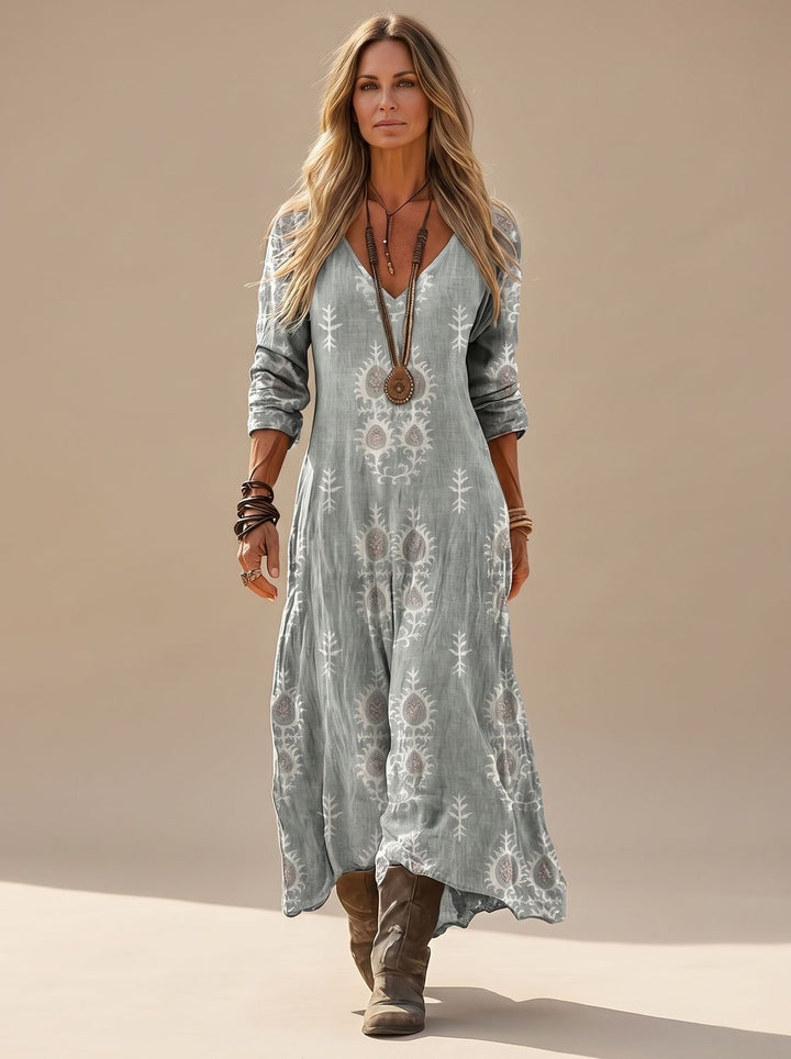 Damen Boho Maxi-Kleid mit V-Ausschnitt Langarm Vintage-Print - Mehrfarbig