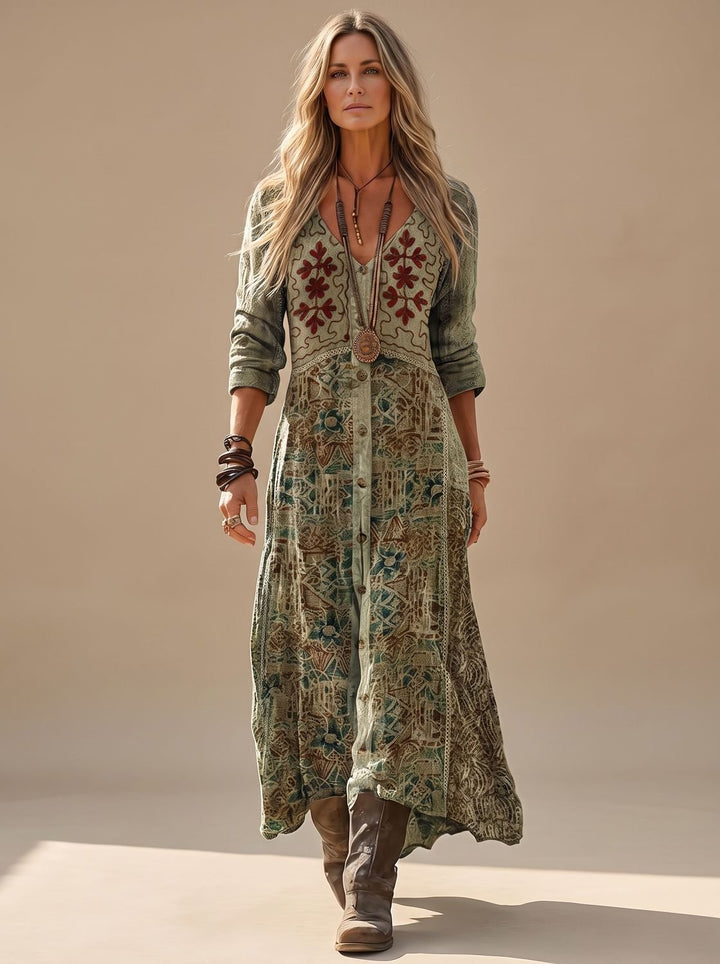 Damen Boho Maxi-Kleid mit V-Ausschnitt Langarm Vintage-Print - Mehrfarbig