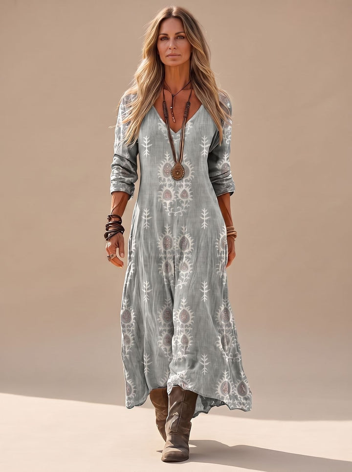 Damen Boho Maxi-Kleid mit V-Ausschnitt Langarm Vintage-Print