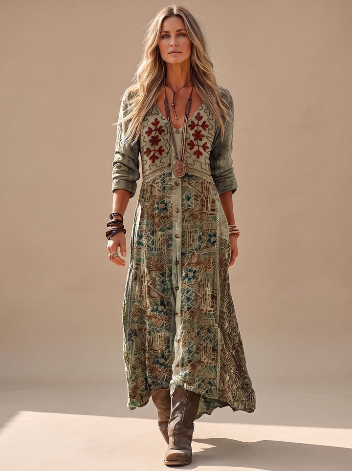 Damen Boho Maxi-Kleid mit V-Ausschnitt Langarm Vintage-Print