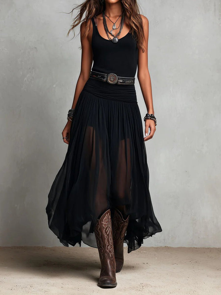 Damen Boho Maxi Kleid mit V-Ausschnitt Tüllrock - Black